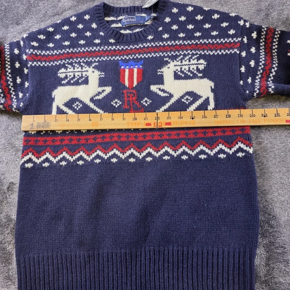 Polo Ralph Lauren Wool Reindeer Fair Isle Sweater Mens S Blue Patriotic Shield